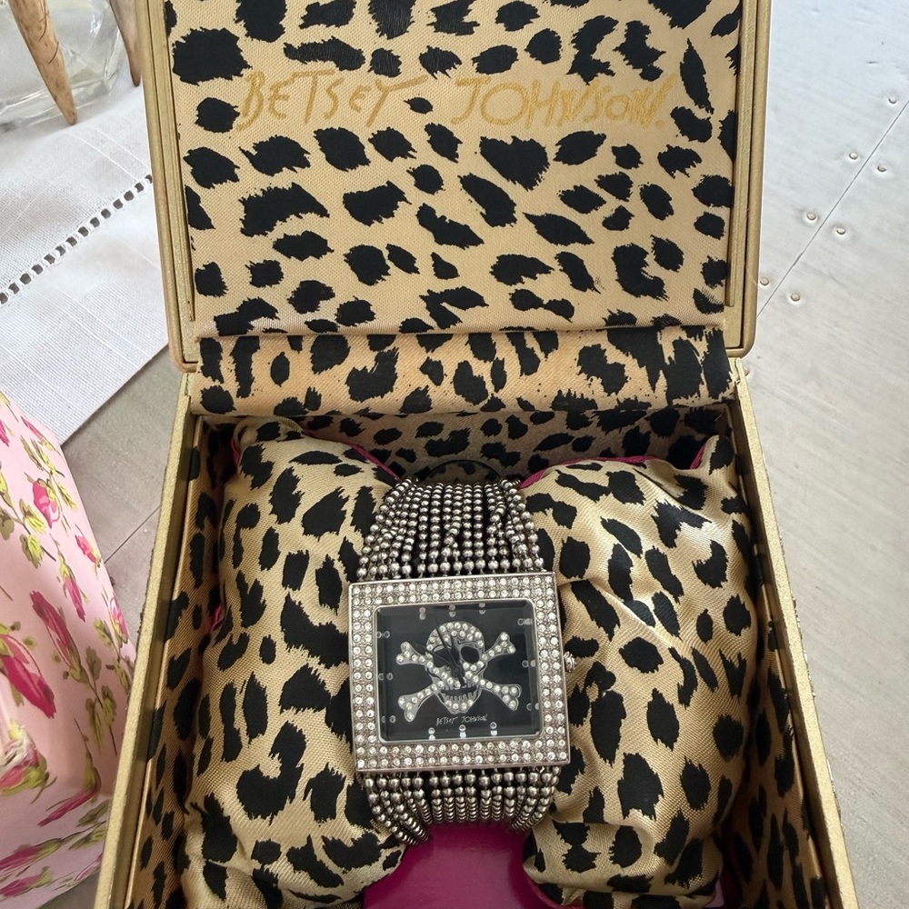 Betsey Johnson Silver Crystal Skull Bracelet Watch with Black Dial